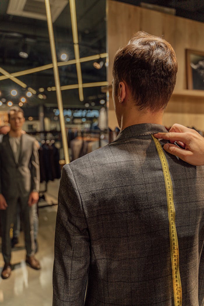 About A man getting a blazer fitted in a stylish boutique, reflected in a mirror.
