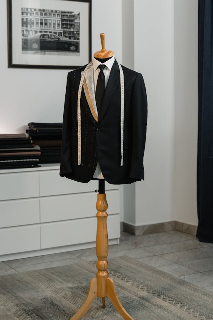 Services A stylish black suit jacket displayed on a mannequin with a measuring tape, showcasing bespoke tailoring in an elegant studio setting.